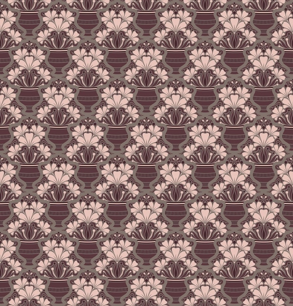 PATRÓN INCONSÚTIL GRIS EN ESTILO ART NOUVEAU CON FLORES ROSADAS EN VECTOR