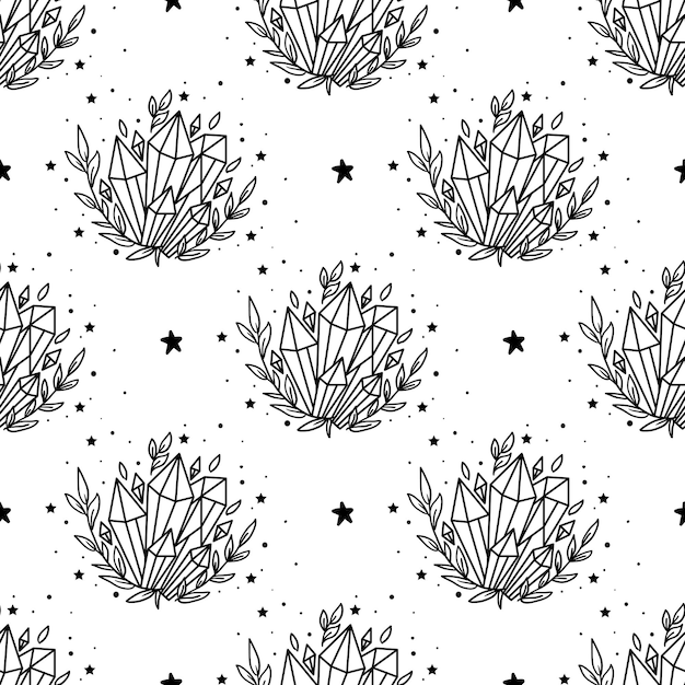 Patrón inconsútil Luna mística con cristal y estrellas Estrellas constelaciones cristales de luna Símbolo de astrología dibujado a mano Para imprimir para camisetas y bolsos elemento decorativo Místico y mágico