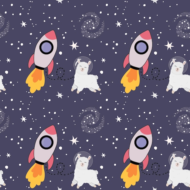 Patrón sin inconvenientes con adorables astronautas de alpaca en el fondo del espacio estrellado Perfecto para envolver carteles de papel tela y otros diseños Linda llama