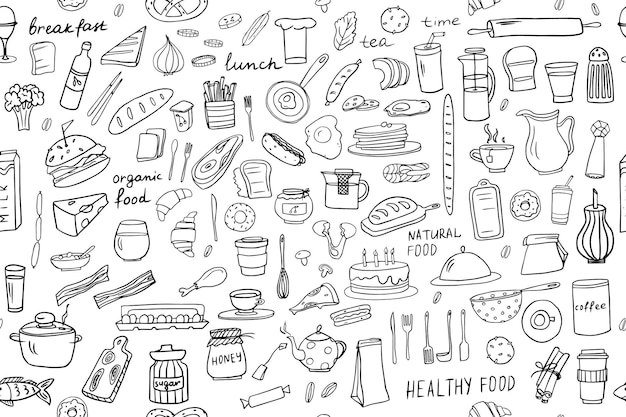 Patrón sin inconvenientes de alimentos saludables e ingredientes de comida rápida al estilo garabato con letras en vector