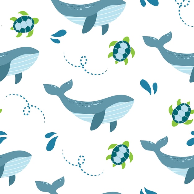 Patrón sin inconvenientes con ballenas y tortugas en colores azul y verde sobre un fondo blanco