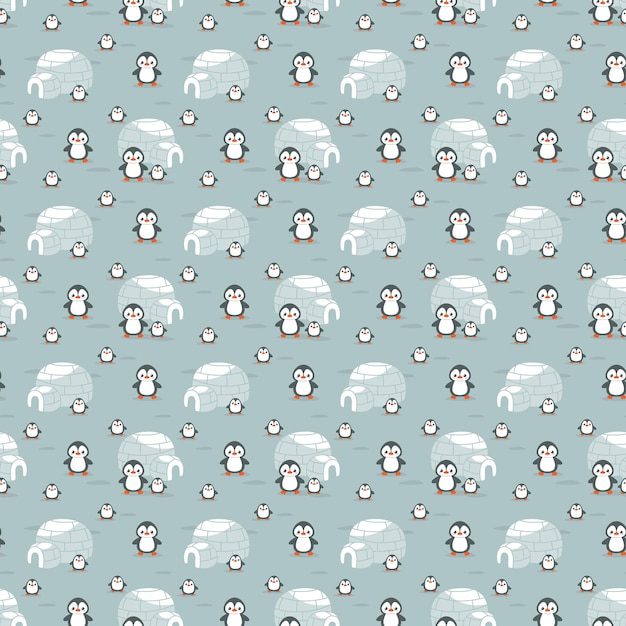 Patrón sin inconvenientes con casas de pingüinos e iglús entre témpanos de hielo y nieves árticas. Ilustración de vector de estilo plano minimalista, dibujado a mano. Estampado navideño para textiles.