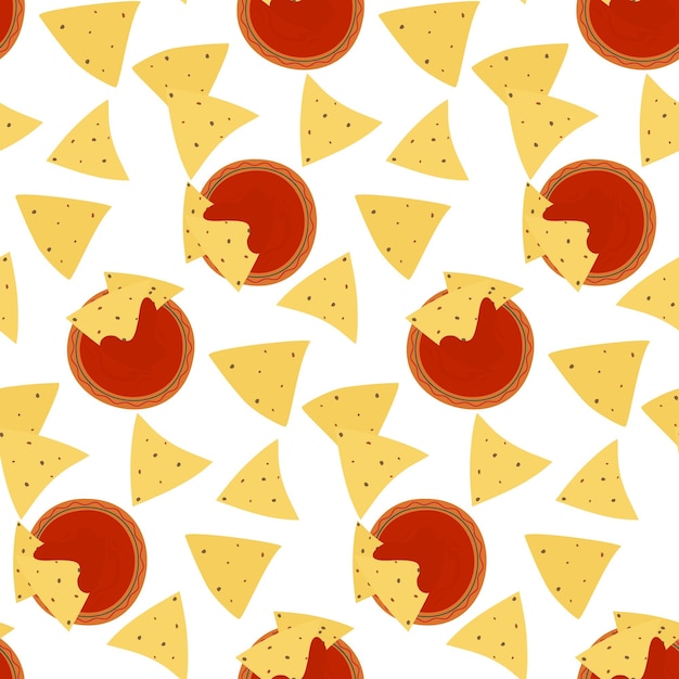 Vector patrón sin inconvenientes con chips de maíz nachos tradicionales y salsa de tomate en comida mexicana al estilo de las caricaturas