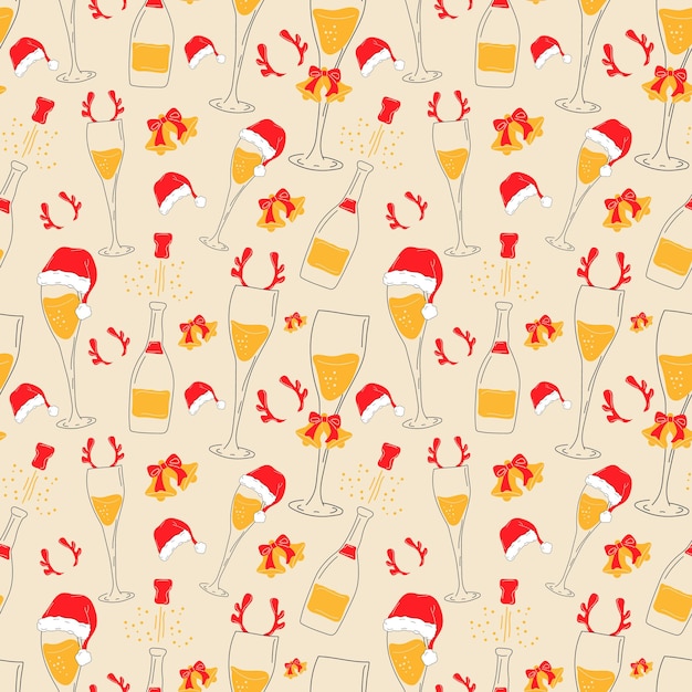 Patrón sin inconvenientes con copas de champán con accesorios navideños. Gorro de Papá Noel, cuernos de venado, campanas
