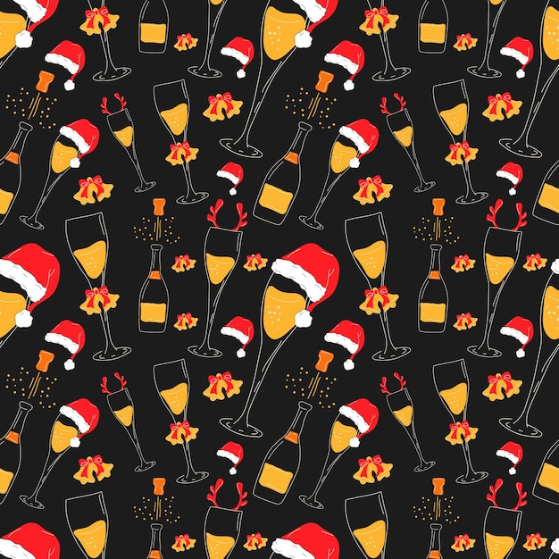 Patrón sin inconvenientes con copas de champán con accesorios navideños. Gorro de Papá Noel, cuernos de venado, campanas