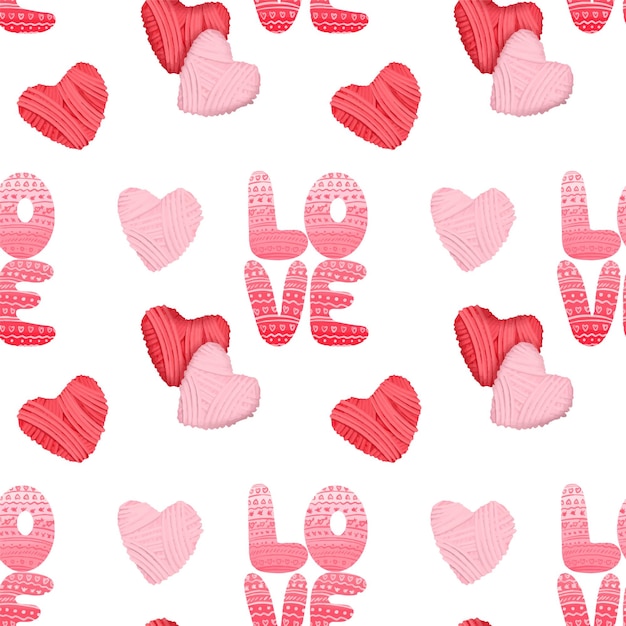 Patrón sin inconvenientes con corazones rosados y rojos de hilo e inscripción AMOR, impresión del Día de San Valentín