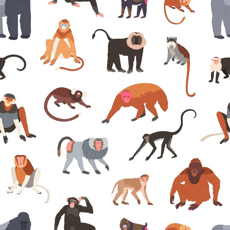 Vector patrón sin inconvenientes con diferentes especies de monos, babuinos, chimpancés y macacos. telón de fondo interminable con animales de la selva tropical. ilustración de vector plano colorido sobre fondo blanco.