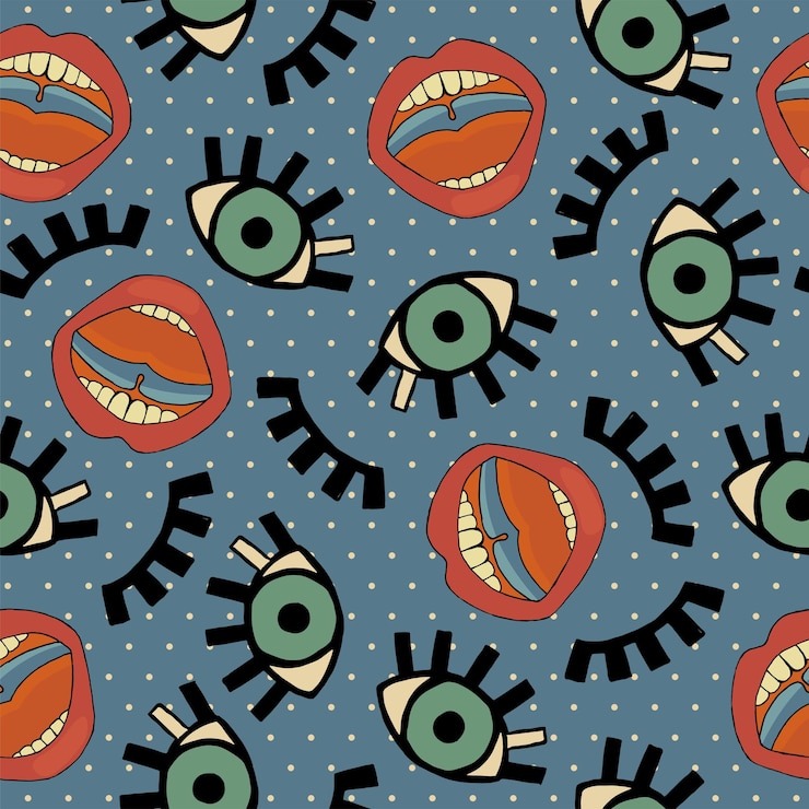 Vector patrón sin inconvenientes con elementos pop art de ojos y labios. ilustración retro de vector cómico de moda