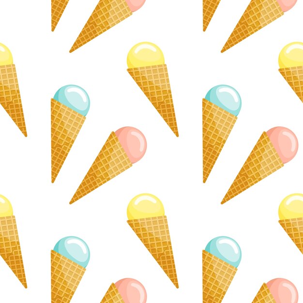 Patrón sin inconvenientes, helado en copas de cono de galleta. Fondo, postre, vector