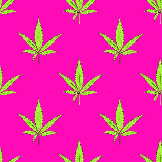 Patrón sin inconvenientes con hojas de cannabis en una paleta de neón brillante.