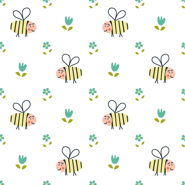 Patrón sin inconvenientes con lindas abejas y flores. Perfecto para ropa infantil, diseño de superficies.
