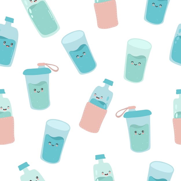 Patrón sin inconvenientes con lindas botellas y vasos divertidos y felices. agua de carácter kawaii de dibujos animados vectoriales. Beba más agua cada día concepto.