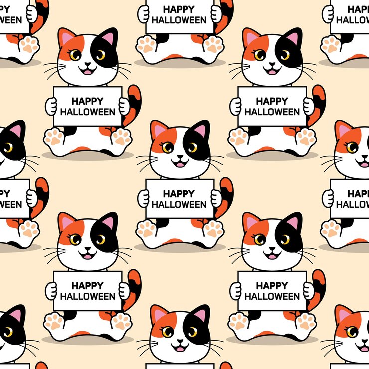 Patrón sin inconvenientes con un lindo gato sonriente sosteniendo papel blanco para la celebración de halloween feliz.