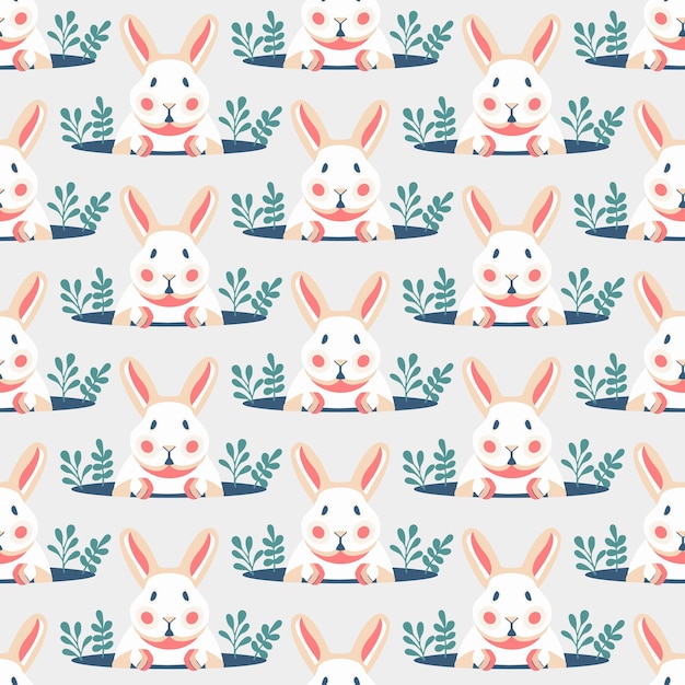 Patrón sin inconvenientes con lindos conejos y conejitos. Ilustración de material vectorial, conejito pastel para animación, Pascua, tarjetas de felicitación, diseño de patrones. Personaje de dibujos animados aislado sobre fondo blanco.