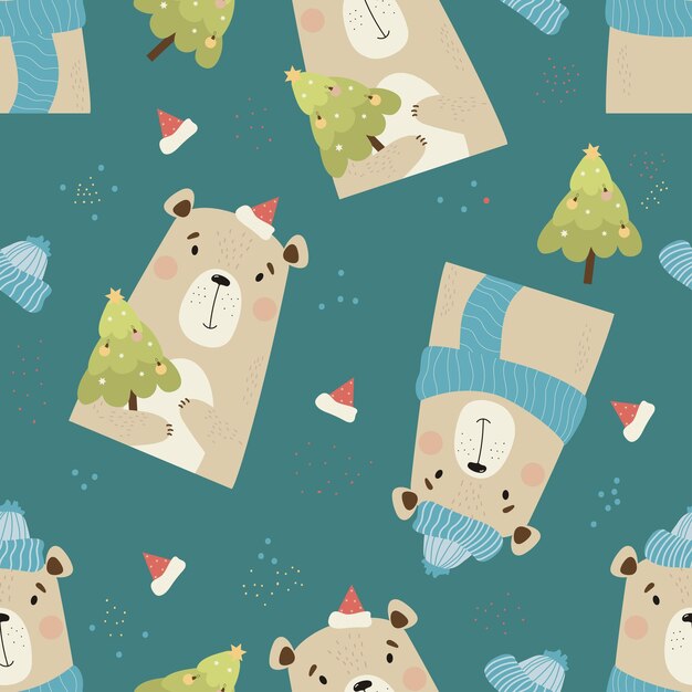 Patrón sin inconvenientes con lindos osos animales con sombrero de Papá Noel con árbol de Navidad en un fondo esmeralda