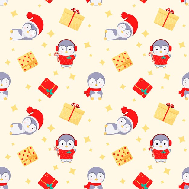 Patrón sin inconvenientes con lindos pingüinos navideños. estilo de dibujos animados