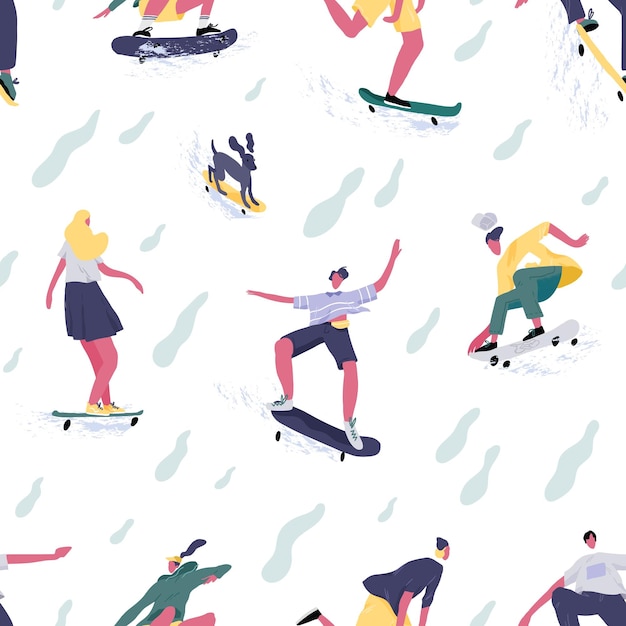 Patrón sin inconvenientes de patinadores de hombres y mujeres adolescentes montando patinetas. Patinadores y patinaje de perros. Fondo sin fin o telón de fondo para la impresión. Ilustración de vector de textura plana.