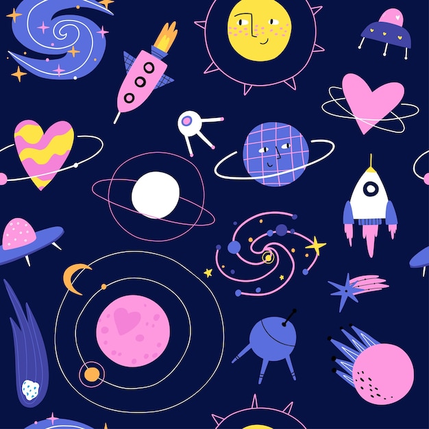 Patrón sin inconvenientes con planetas, cohetes y cometas, diseño vectorial para papel de tela y más