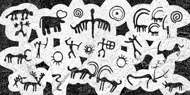 Patrón sin inconvenientes, una serie de petroglifos, dibujos rupestres, diseño vectorial