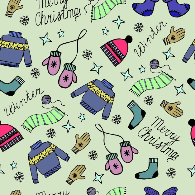 Patrón sin inconvenientes, suéter de punto, calcetines, bufanda, manoplas. Imprimir invierno, textil navideño, vector