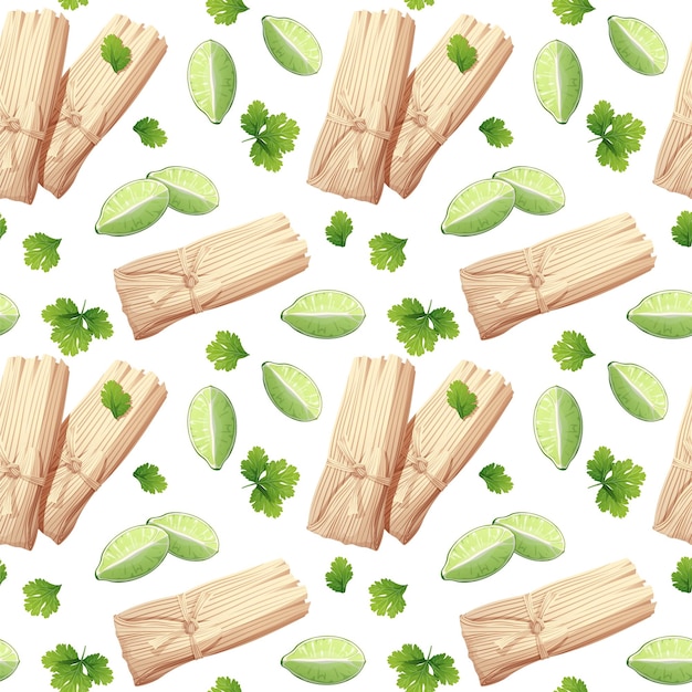 Patrón sin inconvenientes con tamales con cilantro y lima. Textura con comida tradicional mexicana.