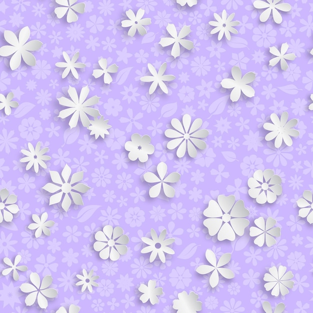 Patrón sin inconvenientes con textura floral en colores morados y grandes flores de papel blanco con sombras suaves
