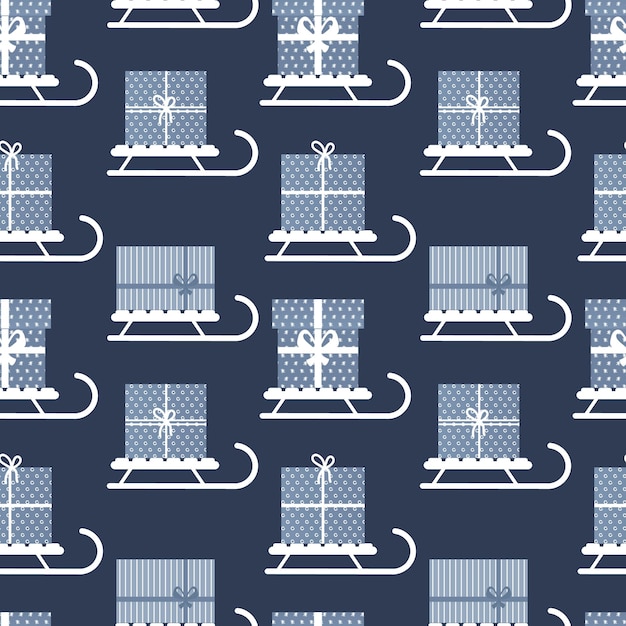 Patrón sin inconvenientes, trineo de invierno con cajas de regalos. Diseño azul y blanco. Fondo, textil, vector