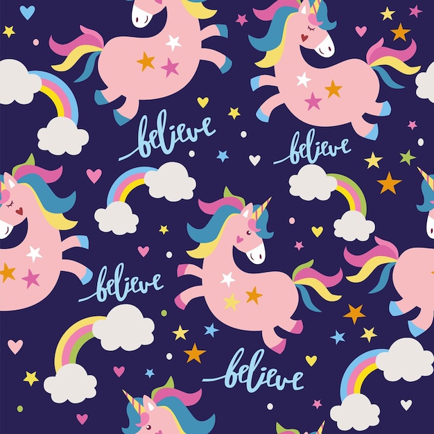 Patrón sin inconvenientes con unicornios rosas, estrellas, nubes. ilustración vectorial