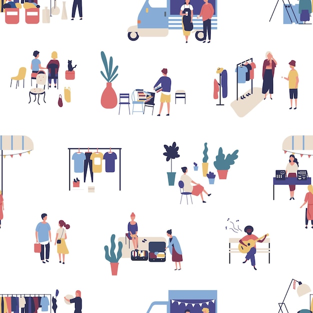 Patrón sin inconvenientes con venta de garaje de verano, mercadillo callejero o feria de trapos. Telón de fondo con gente comprando y vendiendo productos al aire libre. Ilustración de vector de dibujos animados planos para papel tapiz, impresión textil.