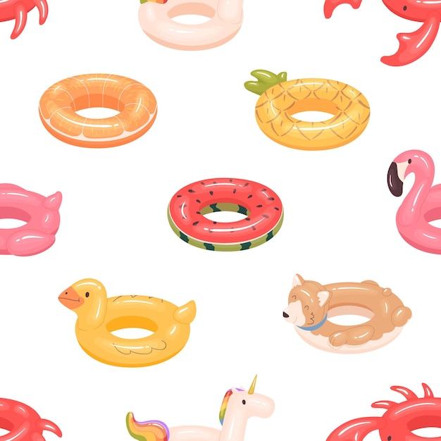 Patrón infantil sin costuras con anillos de goma inflables para nadar sobre fondo blanco. Textura repetible sin fin con aros salvavidas para niños para envolver. Ilustración de vector plano colorido para imprimir