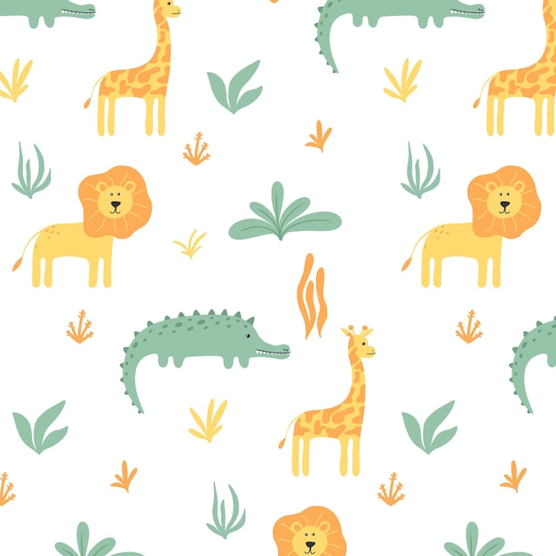 Patrón infantil sin costuras con animales de la selva Patrón lindo dibujado a mano con león cocodrilo y jirafa Ilustración de Safari patternVector