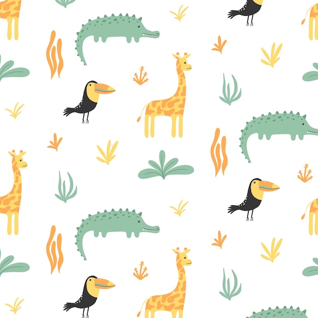 Patrón infantil sin costuras con animales de la selva Patrón lindo dibujado a mano con tucán cocodrilo y jirafa Ilustración de Safari patternVector