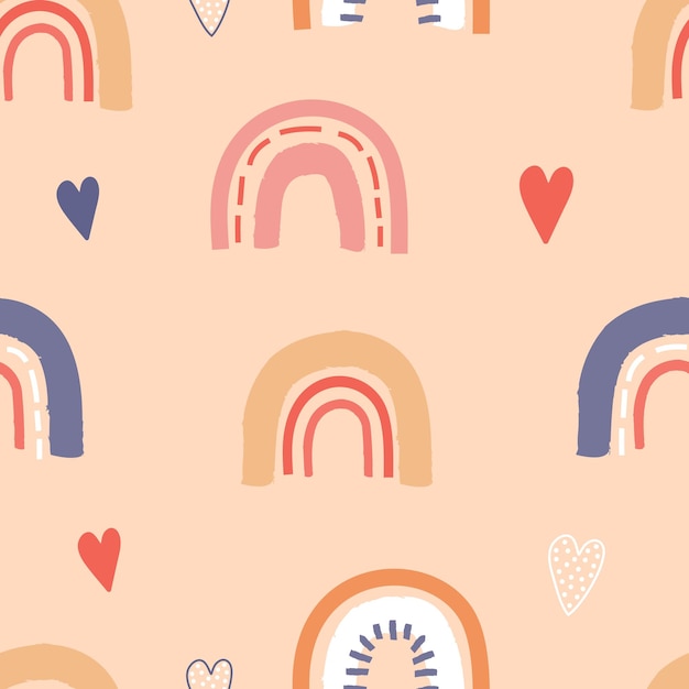 Patrón infantil sin costuras con arco iris y corazones Vector fondo rosa para papel de tela