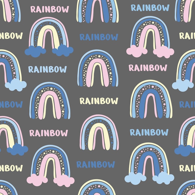 Vector patrón infantil sin costuras con arco iris sobre un fondo oscuro textura creativa para niños para tejido wra