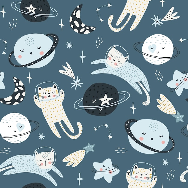 Patrón infantil sin costuras con astronautas de gatos en el espacio estilo escandinavo colorido de moda textura creativa de bebé escandinavo para tela que envuelve ropa de papel tapiz textil ilustración vectorial