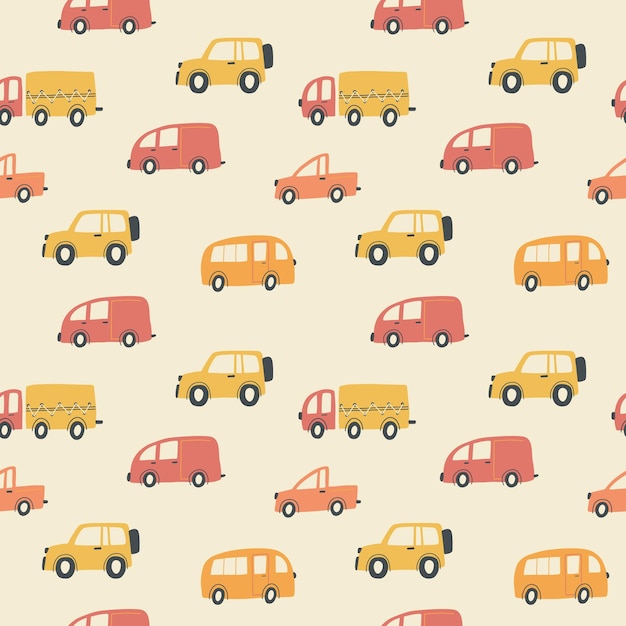 Patrón infantil sin costuras con coches de dibujos animados dibujados a mano Textura creativa para niños para envolver telas Papel tapiz textil Ropa Ilustración vectorial