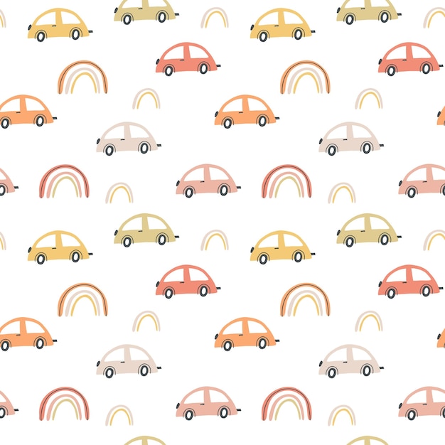 Patrón infantil sin costuras con coches de dibujos animados dibujados a mano Textura creativa para niños para envolver telas Papel tapiz textil Ropa Ilustración vectorial