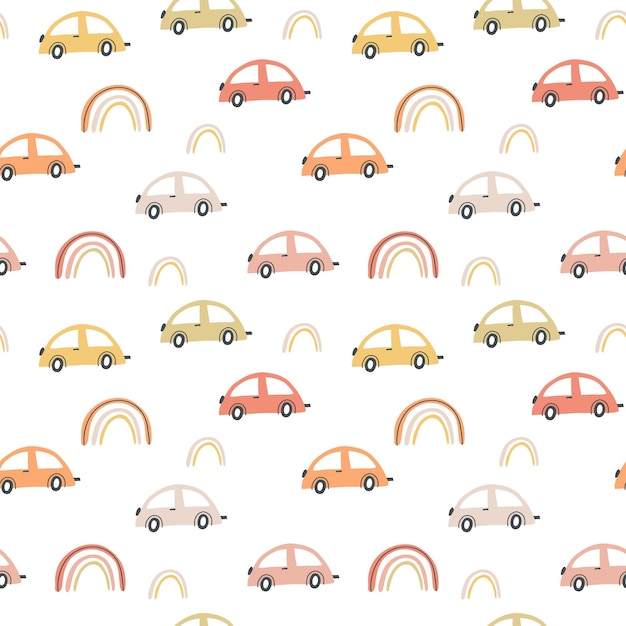 Patrón infantil sin costuras con coches de dibujos animados dibujados a mano Textura creativa para niños para envolver telas Papel tapiz textil Ropa Ilustración vectorial