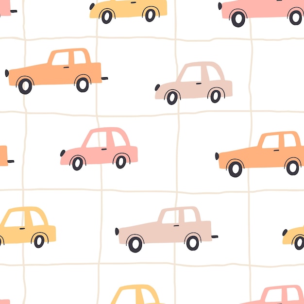 Patrón infantil sin costuras con coches de dibujos animados dibujados a mano Textura creativa para niños para envolver telas Papel tapiz textil Ropa Ilustración vectorial