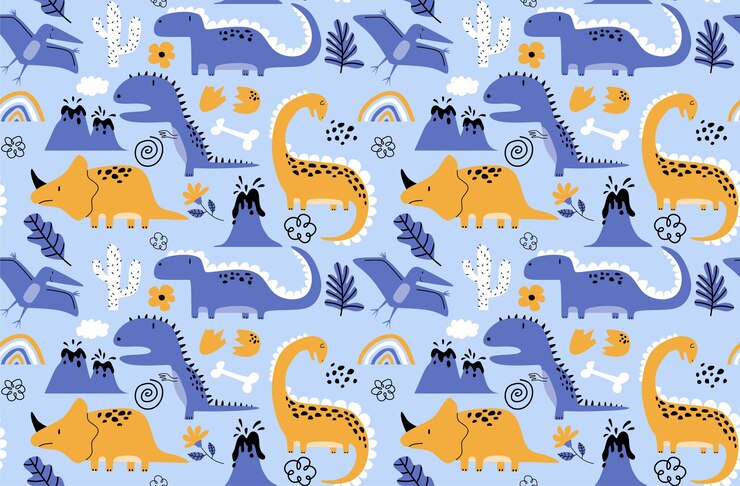 Patrón infantil sin costuras con dinosaurio dibujado a mano.