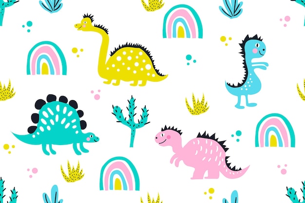 Patrón infantil sin costuras con dinosaurios dibujados a mano y arco iris Fondo infantil vectorial creativo para papel tapiz de vivero textil de tela Ilustración vectorial