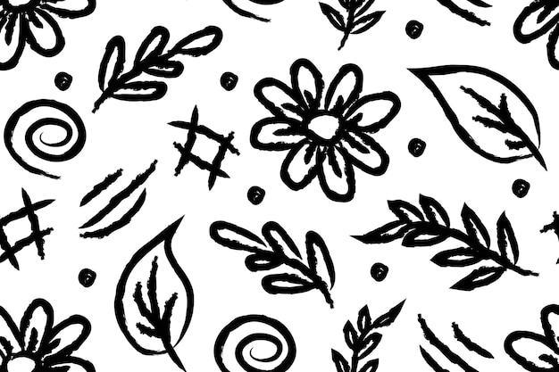 Vector patrón infantil sin costuras con flores de hadas dibujadas a mano flores de carbón negro con hojas tinta dibujando plantas silvestres hierbas ornamento botánico con ramas motivos florales de estilo pincel seco