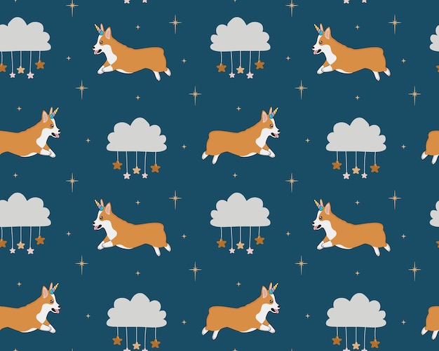 Patrón infantil sin costuras con lindo perro corgi con estrellas de nubes de cuerno de unicornio Textura de bebé para envolver tela papel tapiz textil ropa Ilustración vectorial