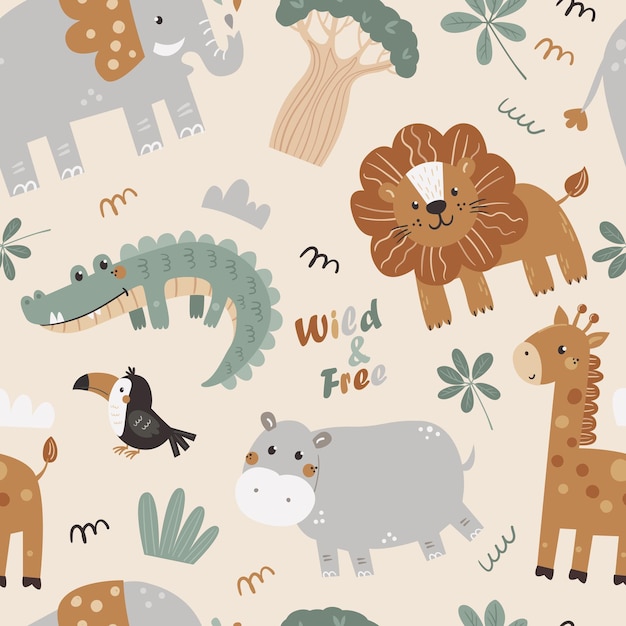 Un patrón infantil sin costuras con lindos animales africanos