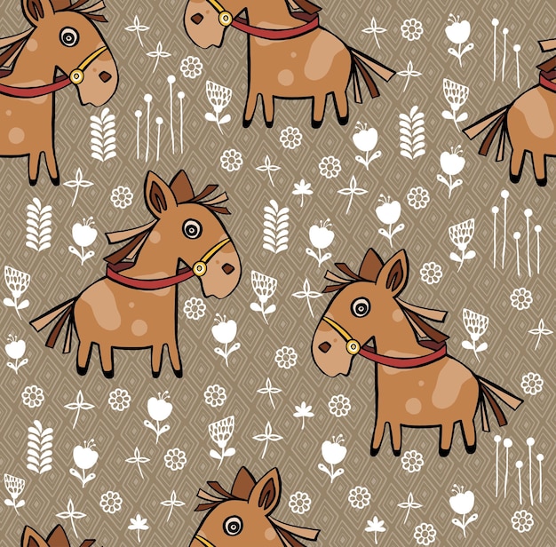 Patrón infantil sin costuras con lindos caballos y texturas dibujadas a mano Textura creativa para niños en blanco y negro para telas para envolver ropa de papel tapiz textil Ilustración vectorial