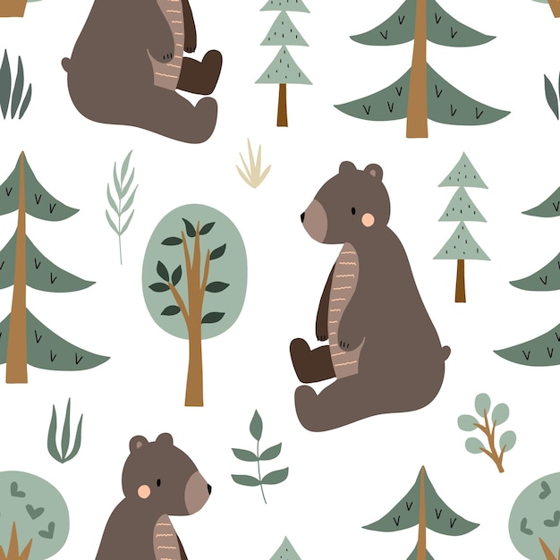Patrón infantil sin costuras con lindos osos en la madera Textura de bosque de niños creativos para envoltura de tela
