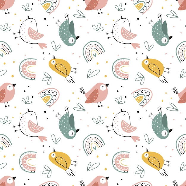 Patrón infantil sin costuras con lindos pájaros y arco iris sobre un fondo blanco.