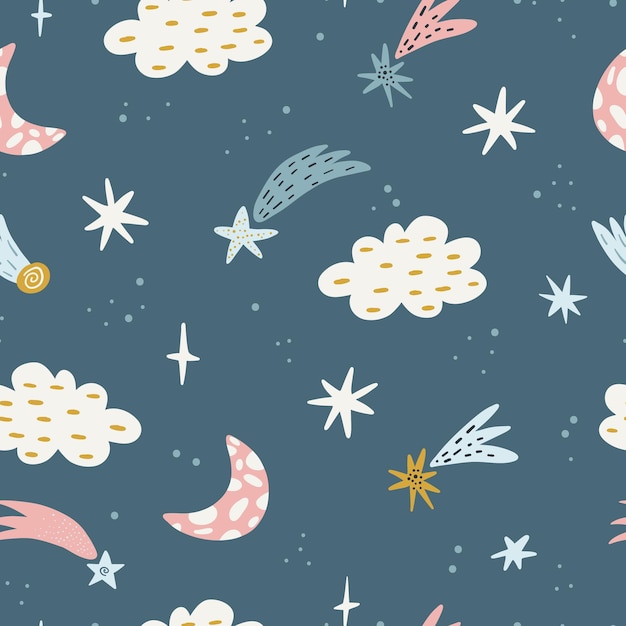 Patrón infantil sin costuras con luna de cielo estrellado Textura de niños creativos para envoltura de tela textil ropa de papel tapiz Ilustración vectorial Impresión de niños lindos