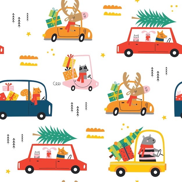 Vector patrón infantil sin fisuras con dibujos animados divertidos animales de navidad con bufandas y regalos en coches