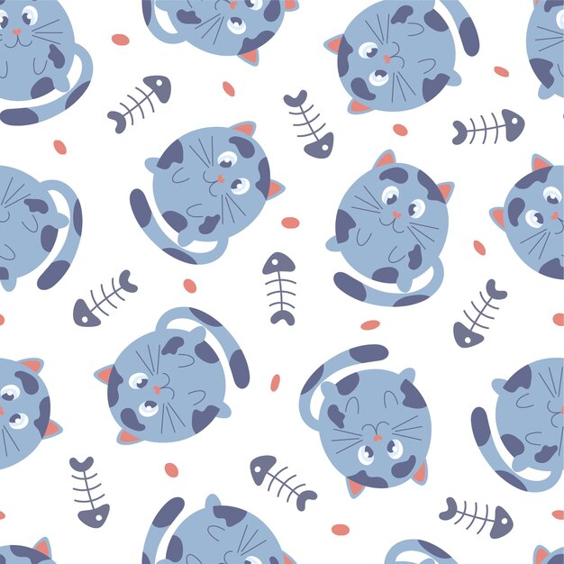 Patrón infantil sin fisuras con dibujos animados de gatos y huesos de pescado. Fondo creativo. Perfecto para diseño infantil, tela, envoltura, papel tapiz, textil, decoración del hogar.